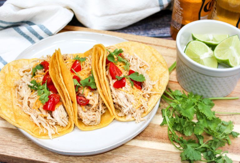 Slow Cooker Cheddar Beer Chicken Tacos {Instant Pot Instructions Too!}