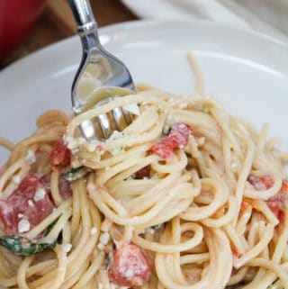 blue cheese and tomato pasta with fork