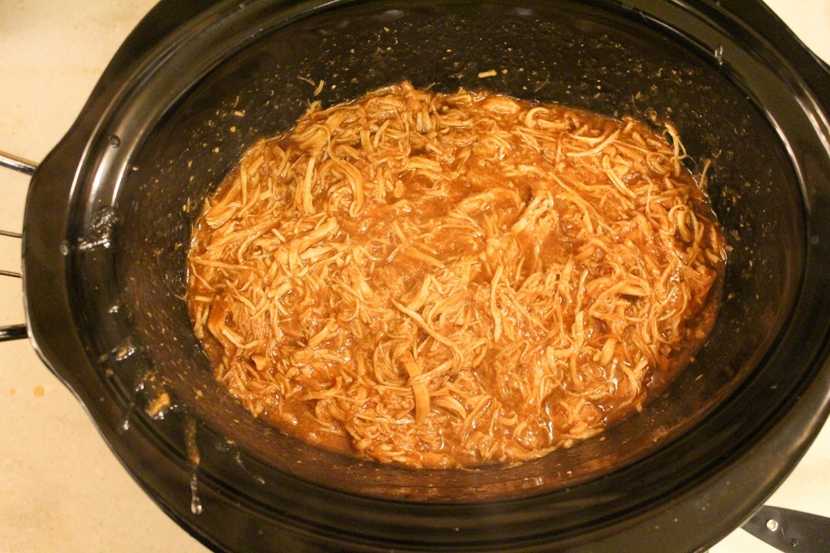 shredded chicken in a slow cooker