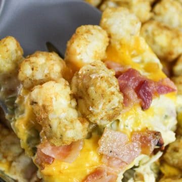 chicken bacon ranch tater tot casserole on a spatula