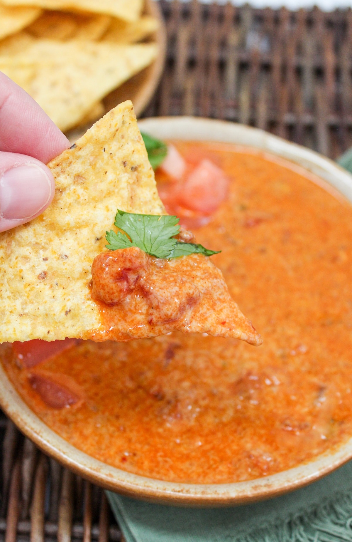 slow cooker chorizo queso dip on a chip