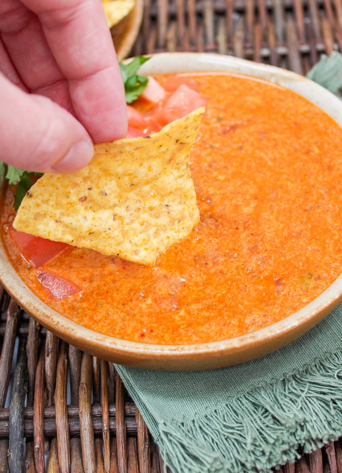 slow cooker chorizo queso dip on a chip