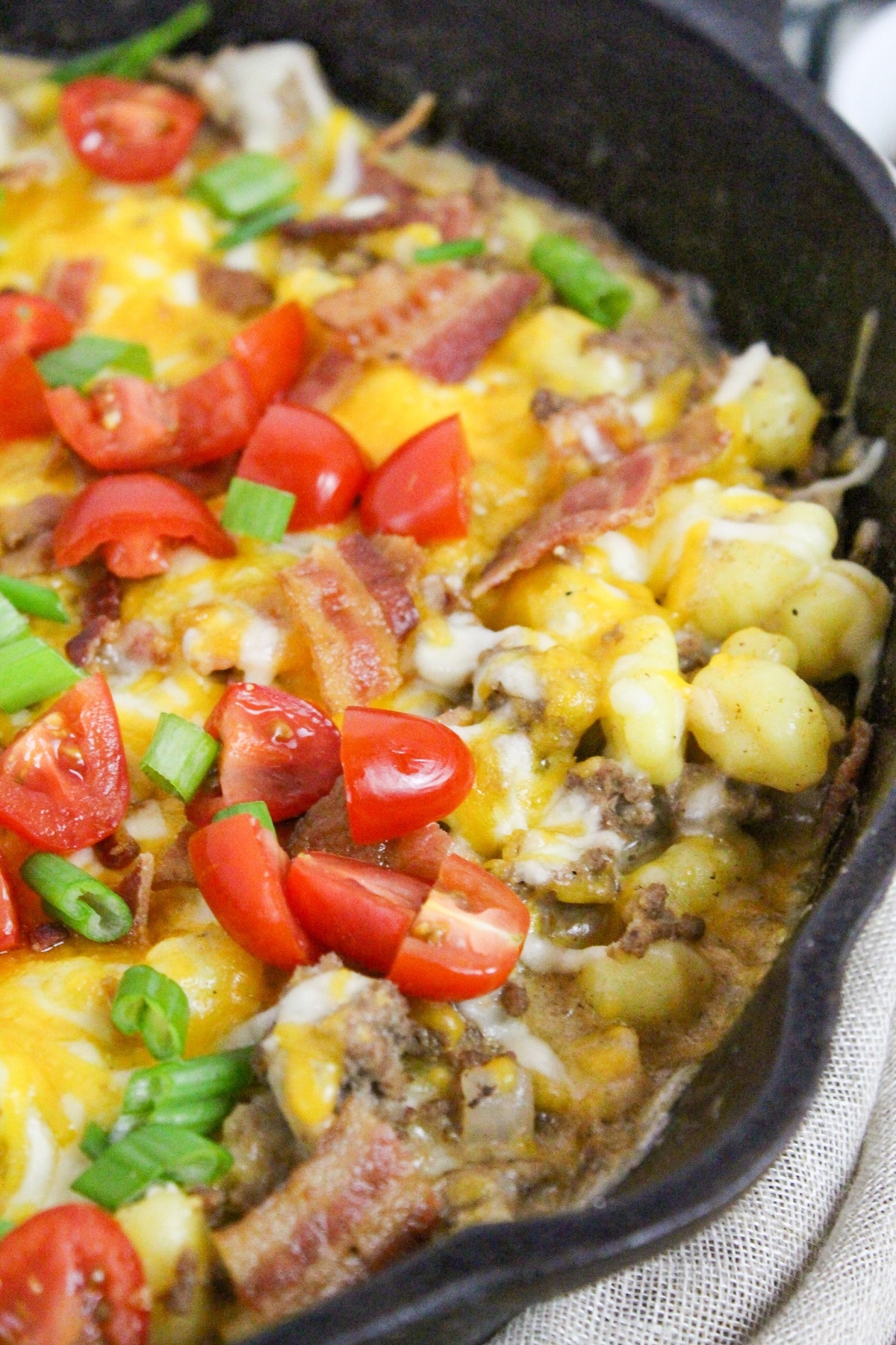 Bacon Cheeseburger Gnocchi Skillet in cast iron skillet