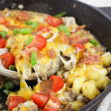 Bacon Cheeseburger Gnocchi Skillet in cast iron skillet