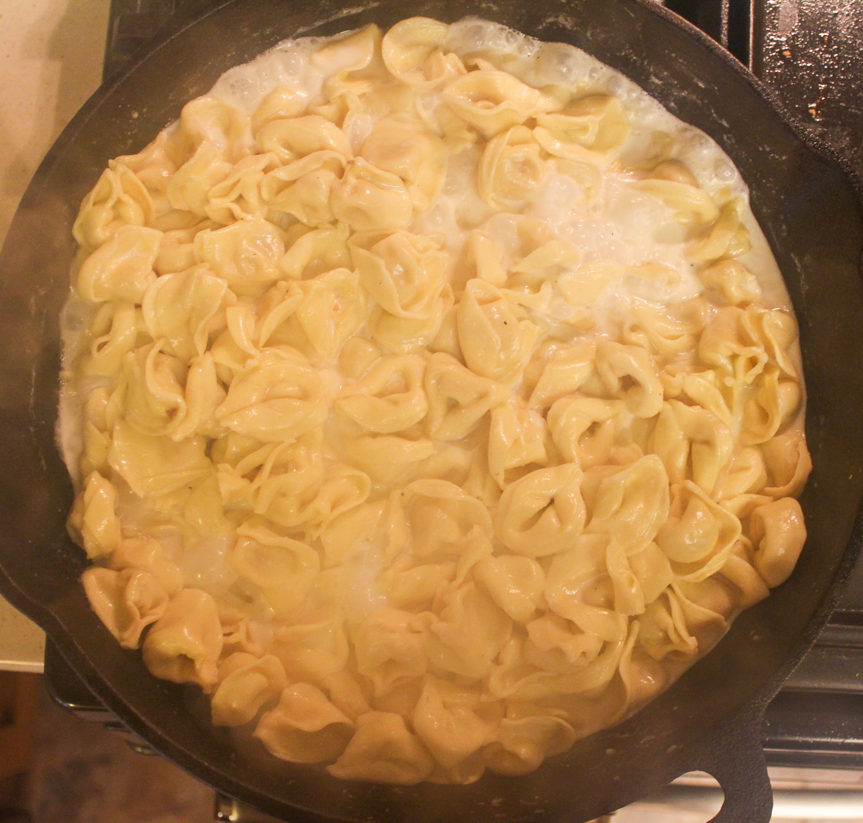 cooked pasta in skillet with milk