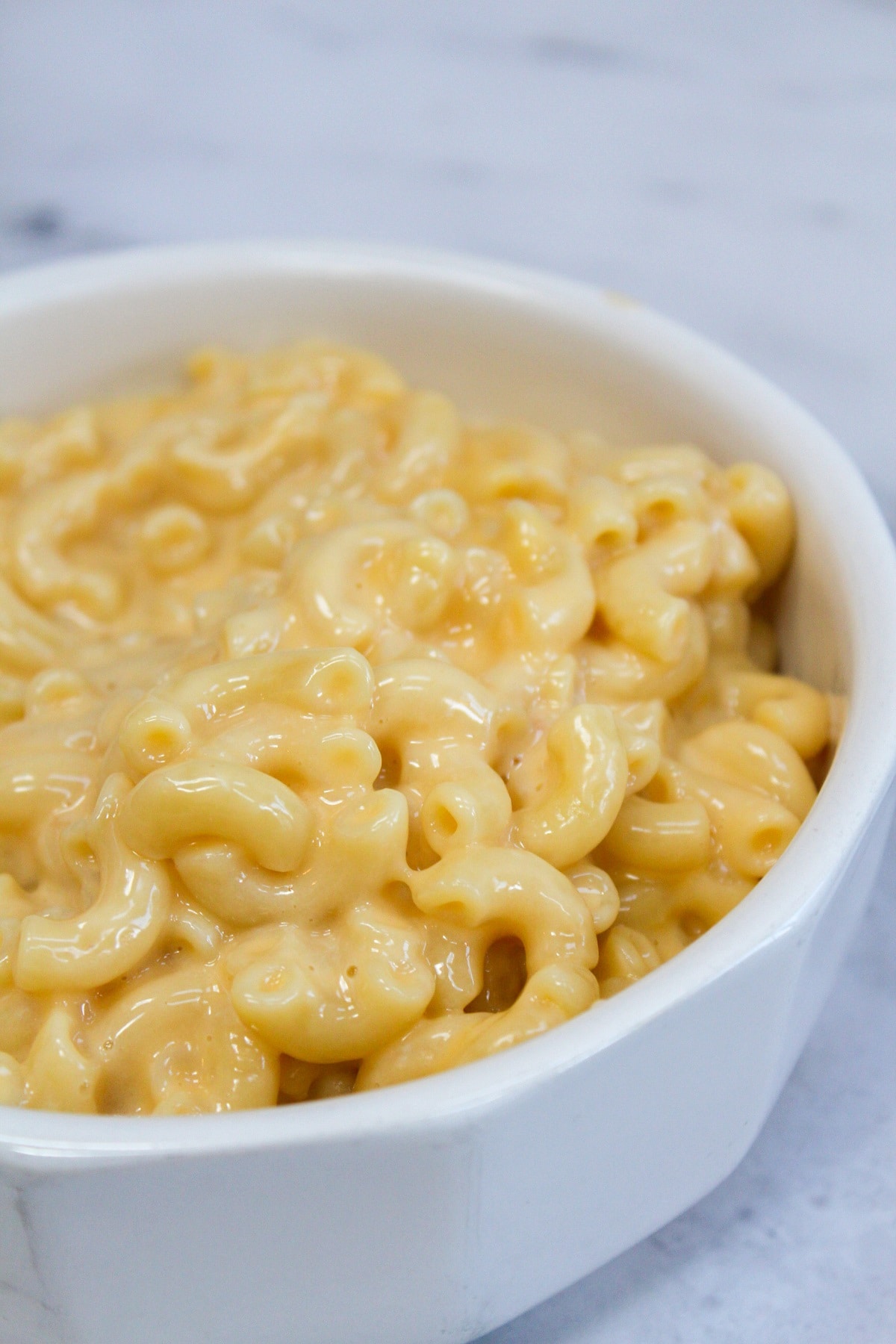 one-pot stove top mac and cheese in a white bowl