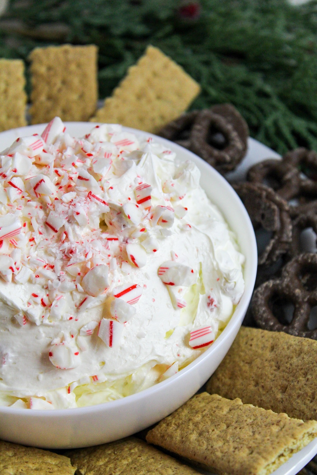 creamy white dip in a white bowl topped with crushed candy canes and surrounded by chocolate covered pretzels.