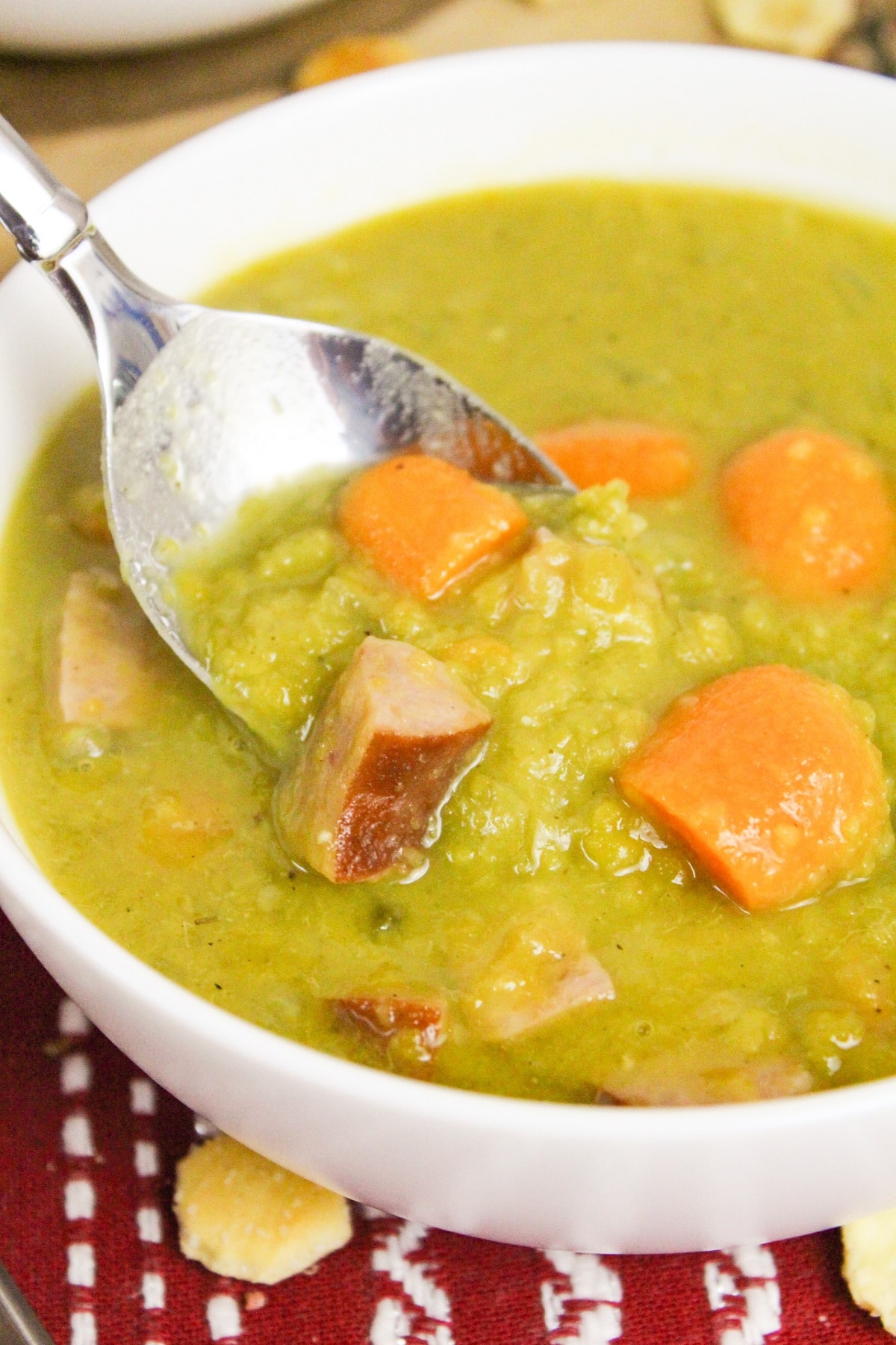 split pea and kielbasa soup scooped from the bowl