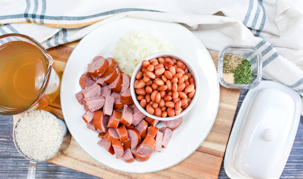 ingredients for rice and beans with sausage