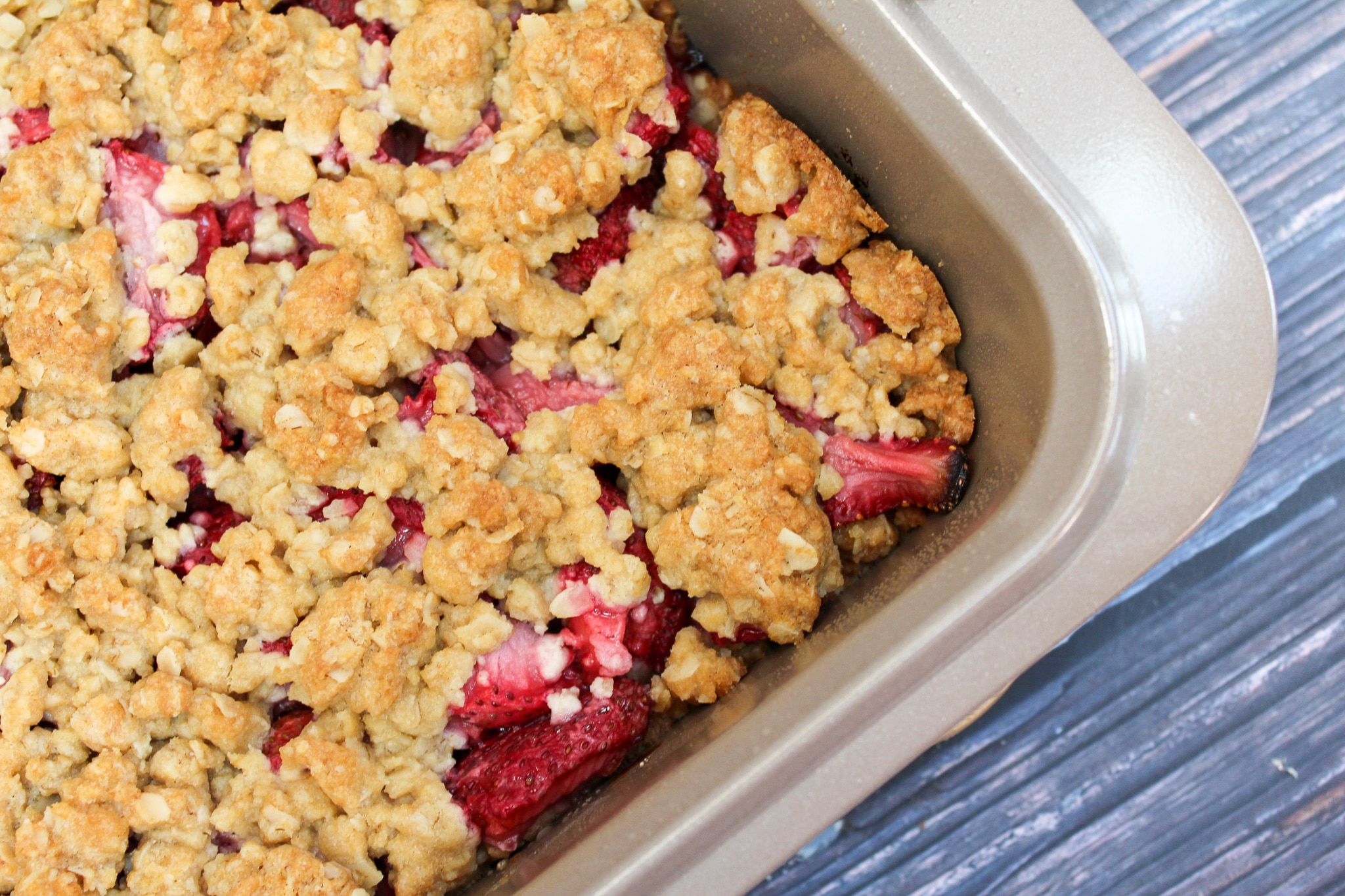 Strawberry Crumb Bars in a pan