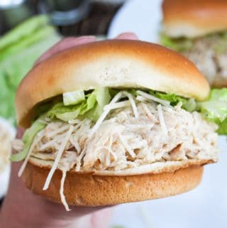chicken on a bun with lettuce and cheese held in hand