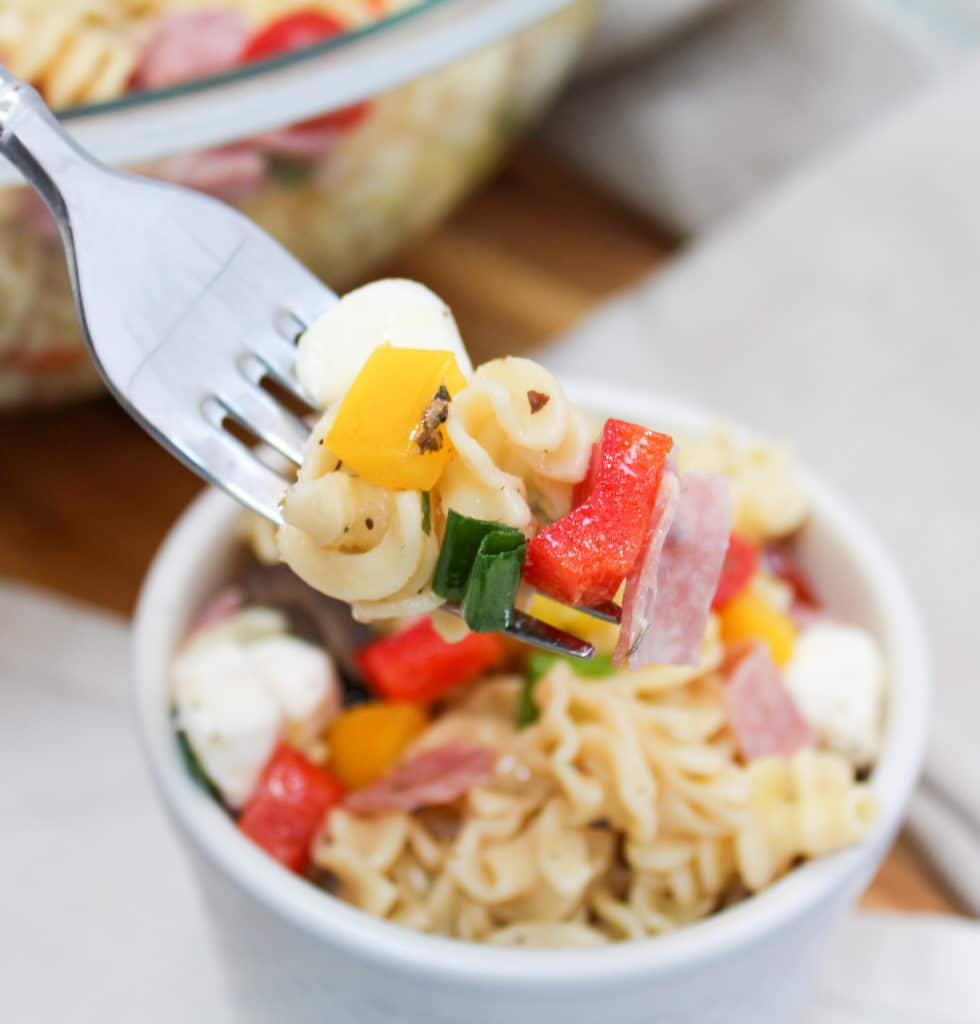 pasta salad on a fork