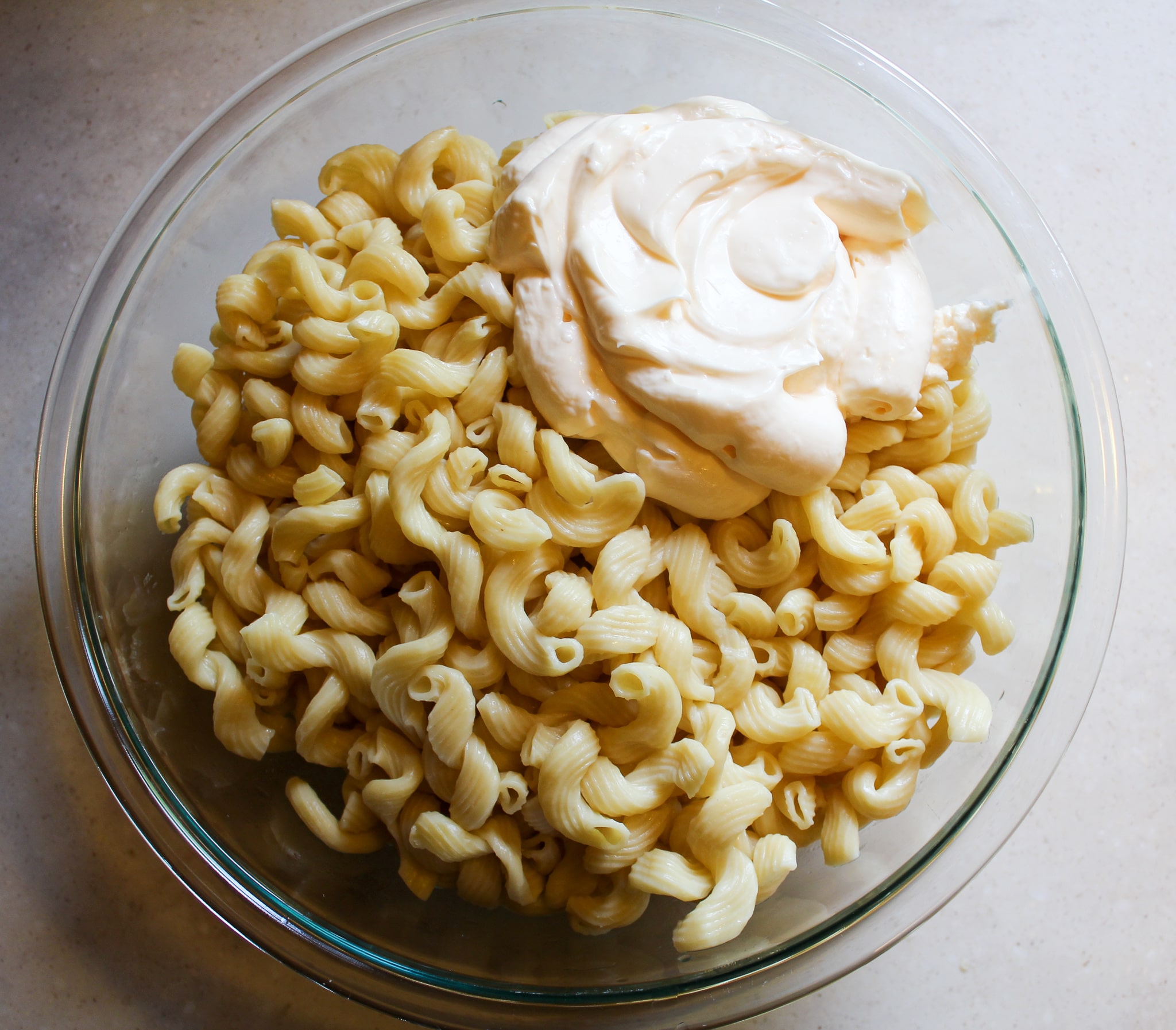 bowl of plain noodles with mayo