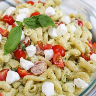 pasta salad in a glass bowl