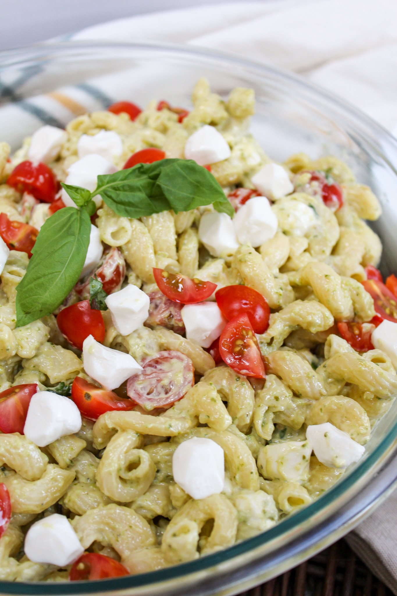pasta salad in a glass bowl