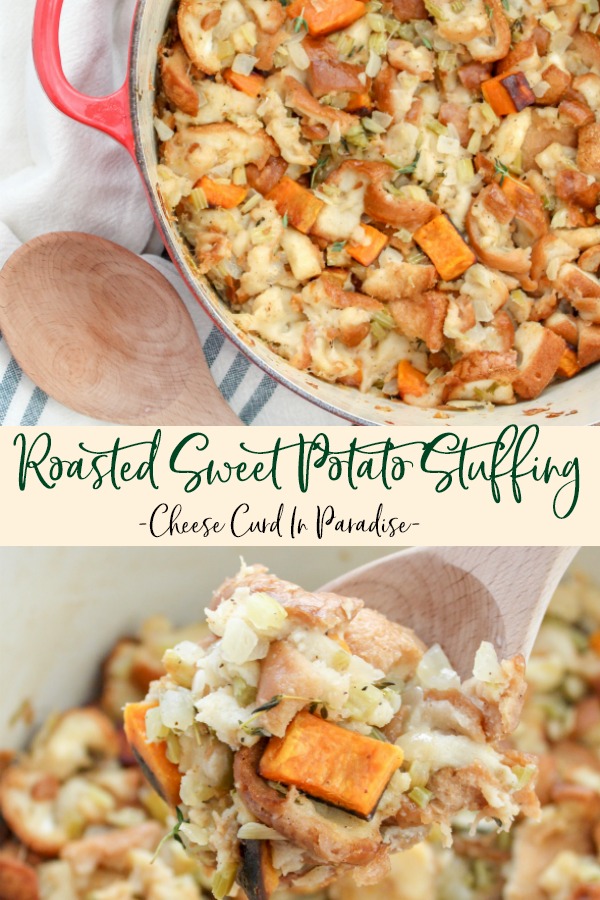 Stuffing with sweet potatoes in a red dutch oven