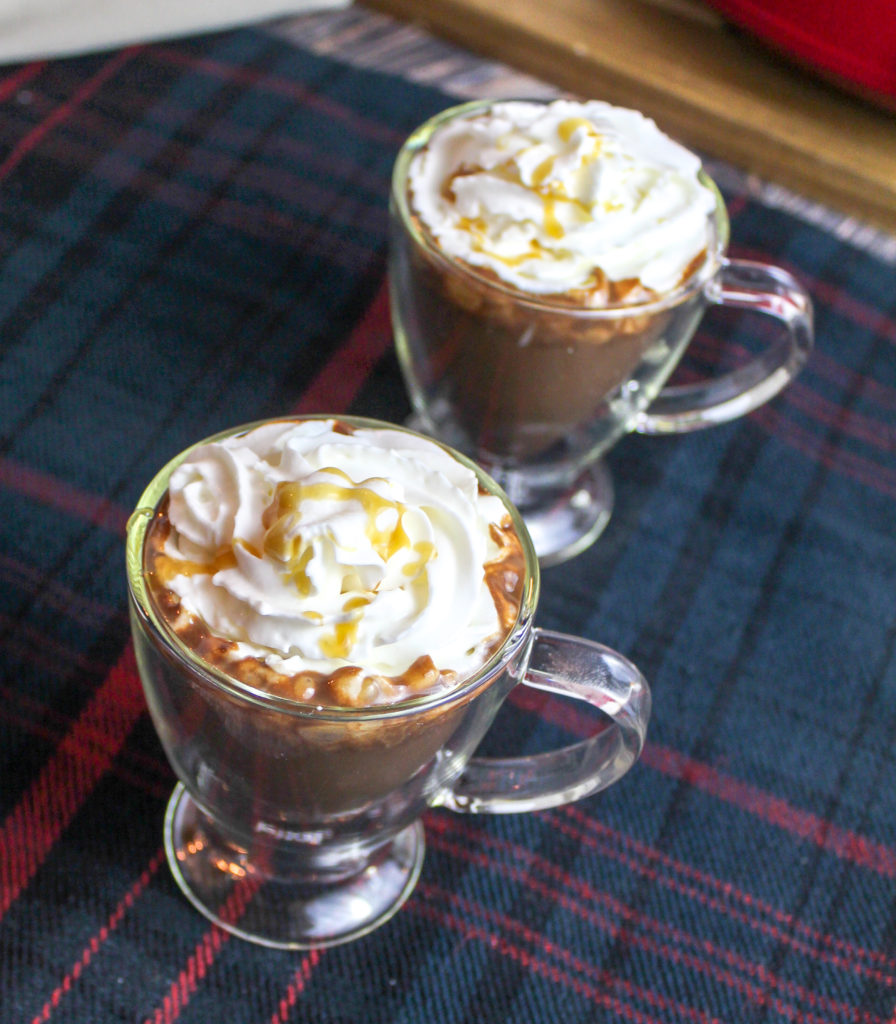 hot chocolate in a glass mug