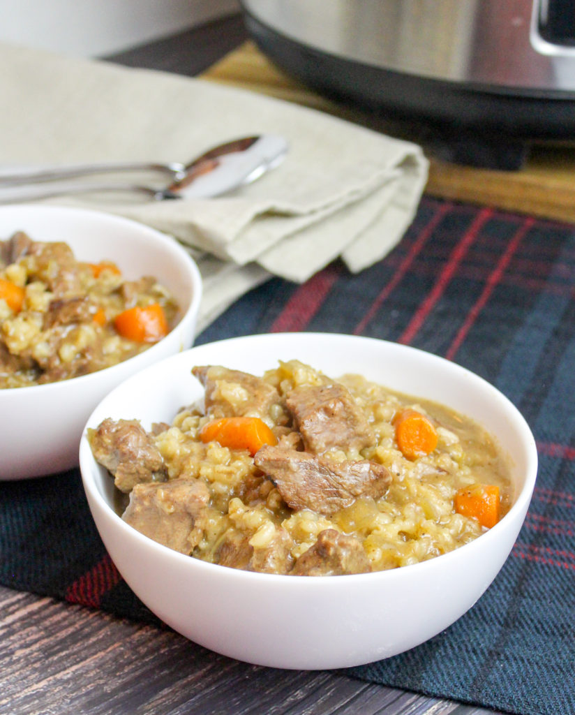 White bowls filled with beef and barley stew