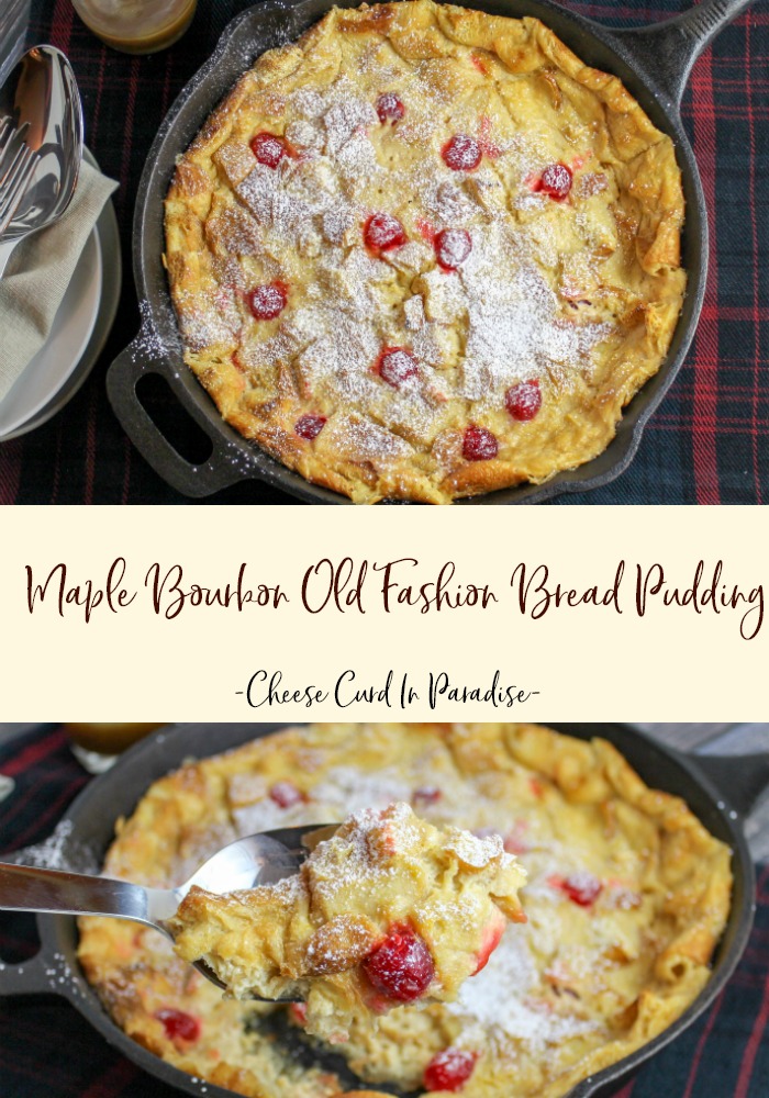Bread pudding studded with cherries in a cast iron pan