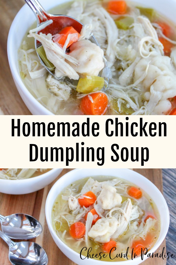 chicken dumpling soup in white bowls