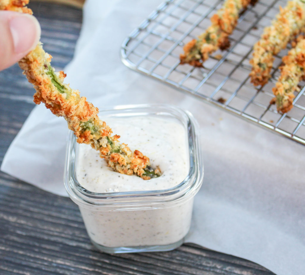 asparagus fries dipped in sauce