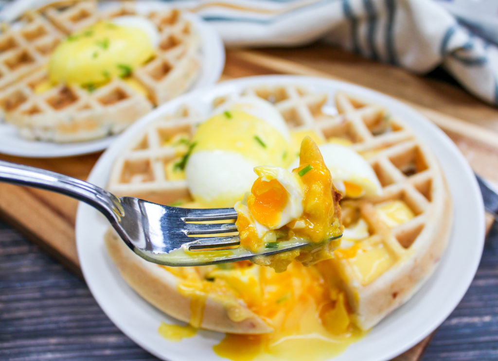 Waffles and eggs on a plate