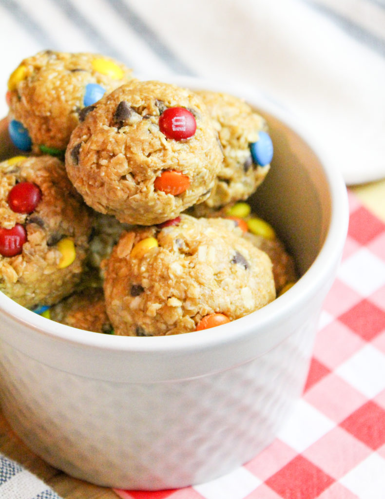 monster cookie bites in a bowl
