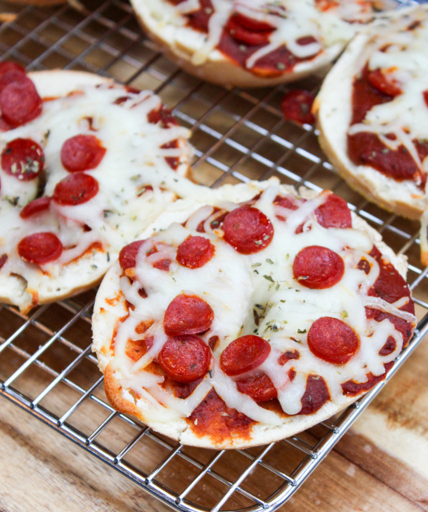 pizza bagels on a cooling rack