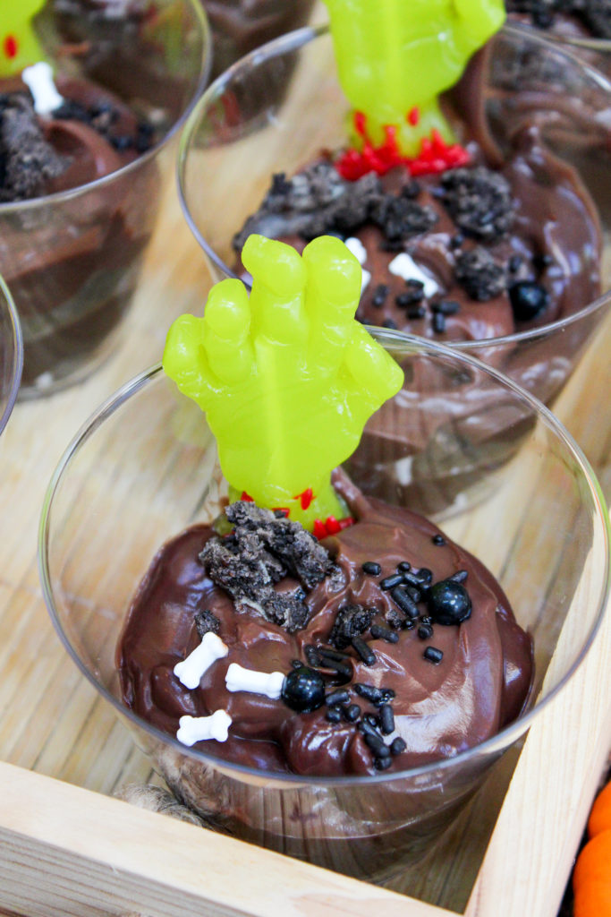 pudding cups with zombie hands