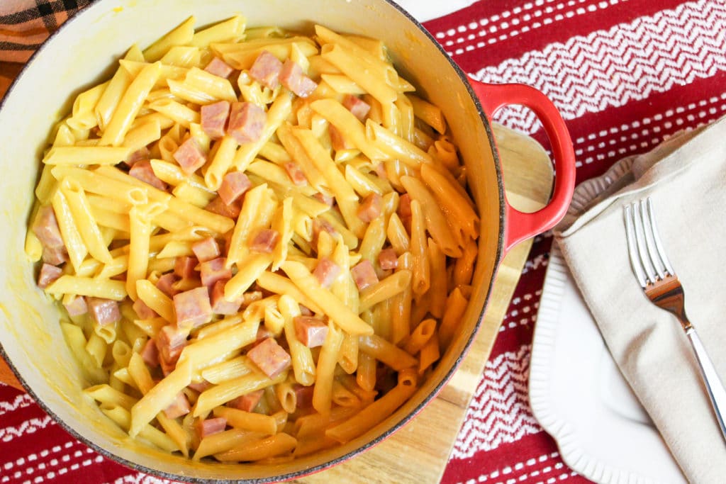 Ham and cheese pasta in a pot