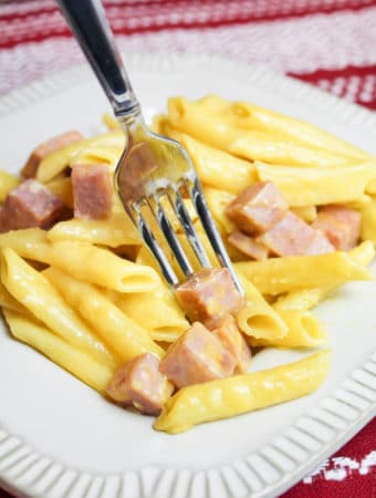Ham and cheese pasta on a white dinner plate with a fork