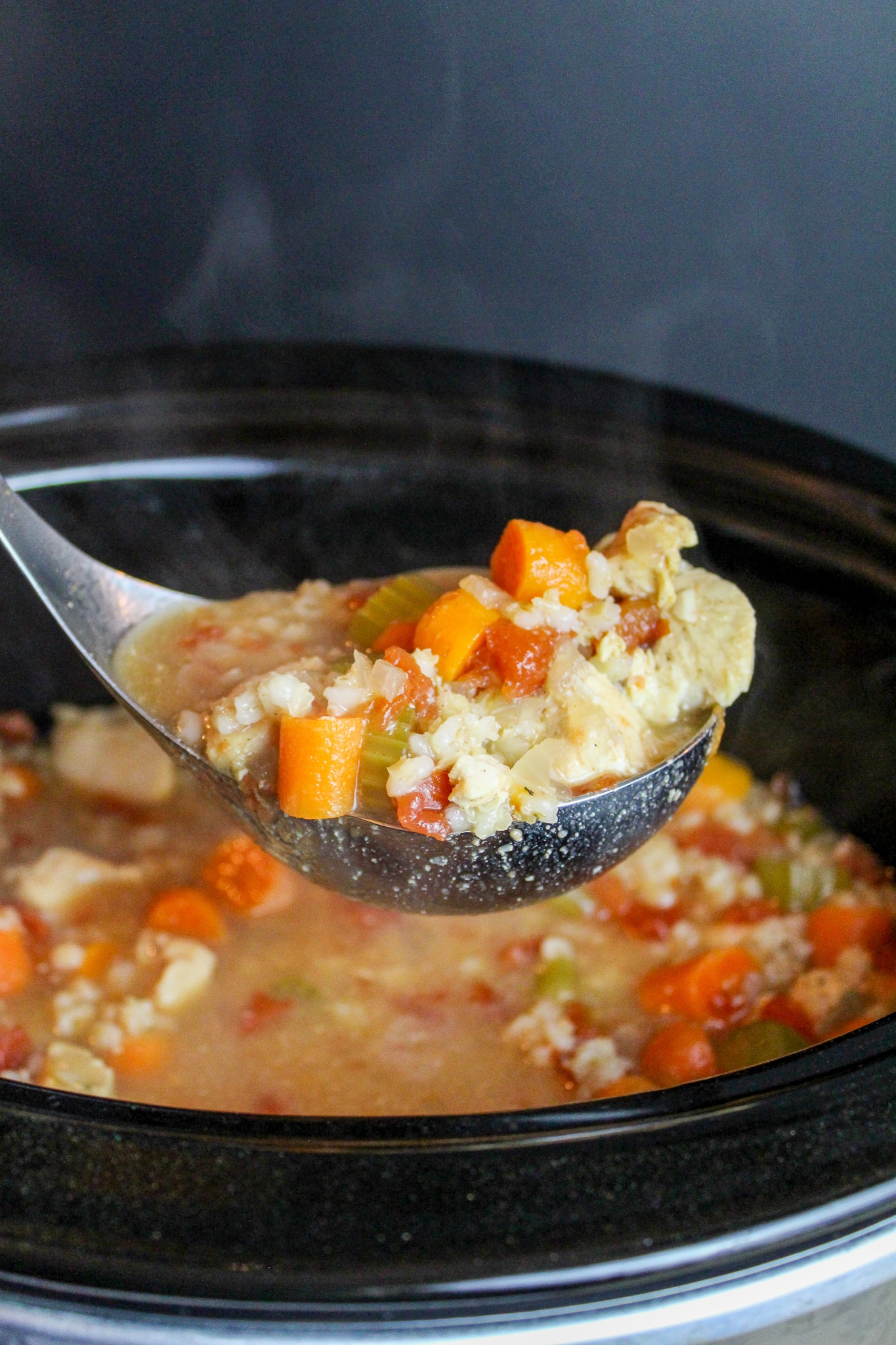 soup scooped from the slow cooker