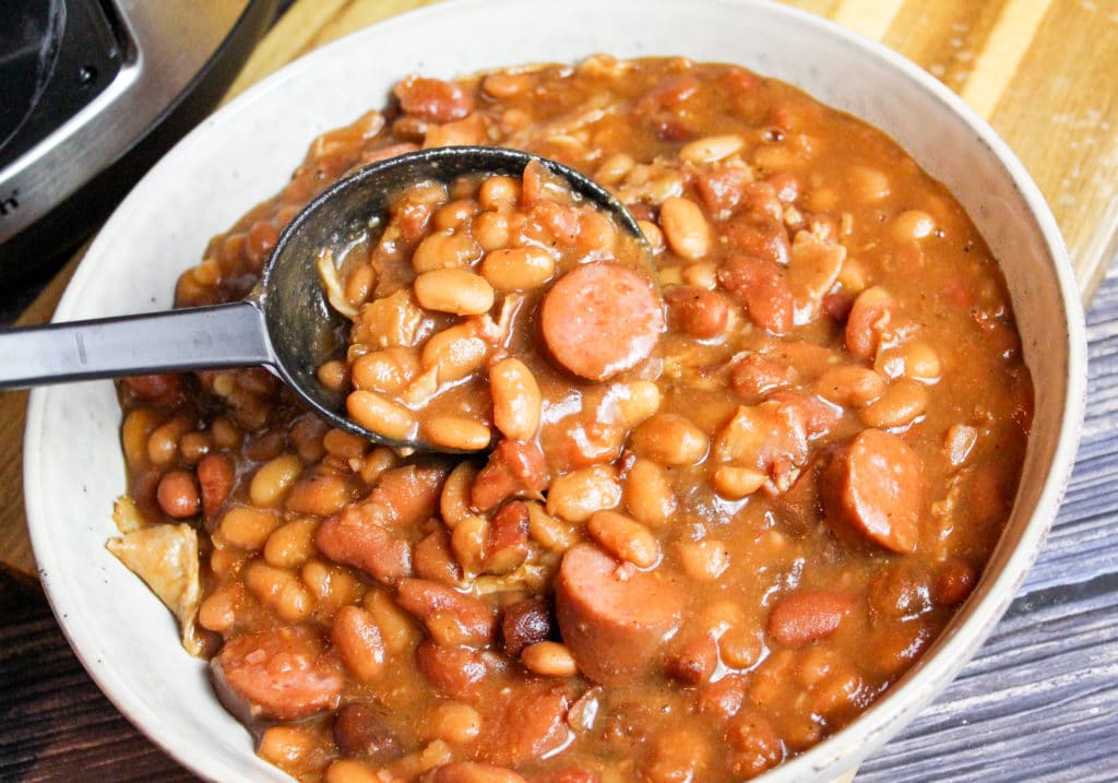 beans scooped from a bowl