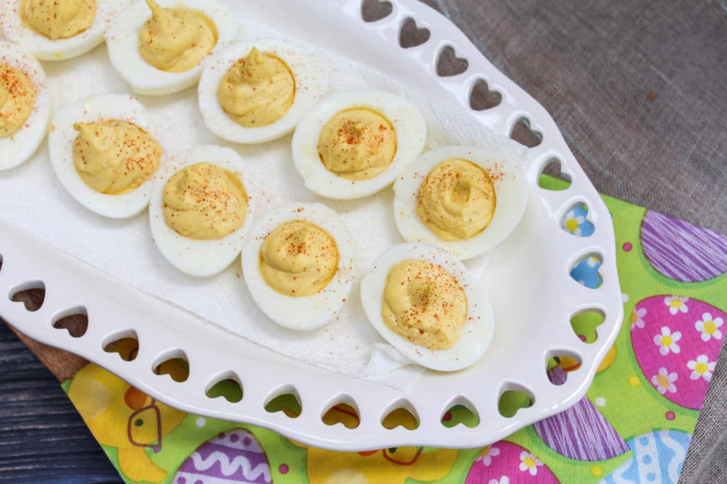 Deviled eggs on a white plate