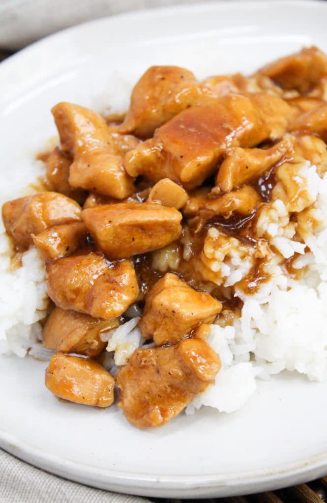 close-up of bourbon chicken on a plate