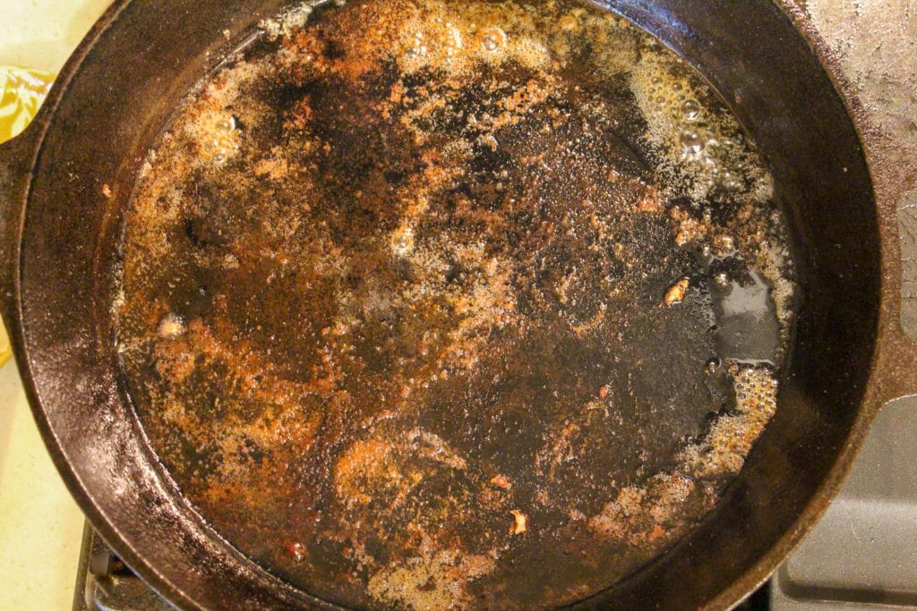 process shots for cooking pork and making the sauce