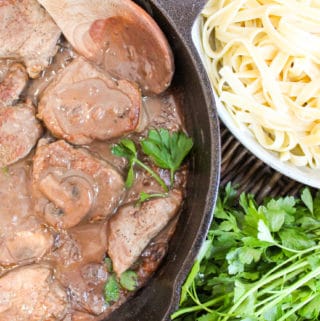 Skillet Pork Tenderloin Marsala with herbs and pasta