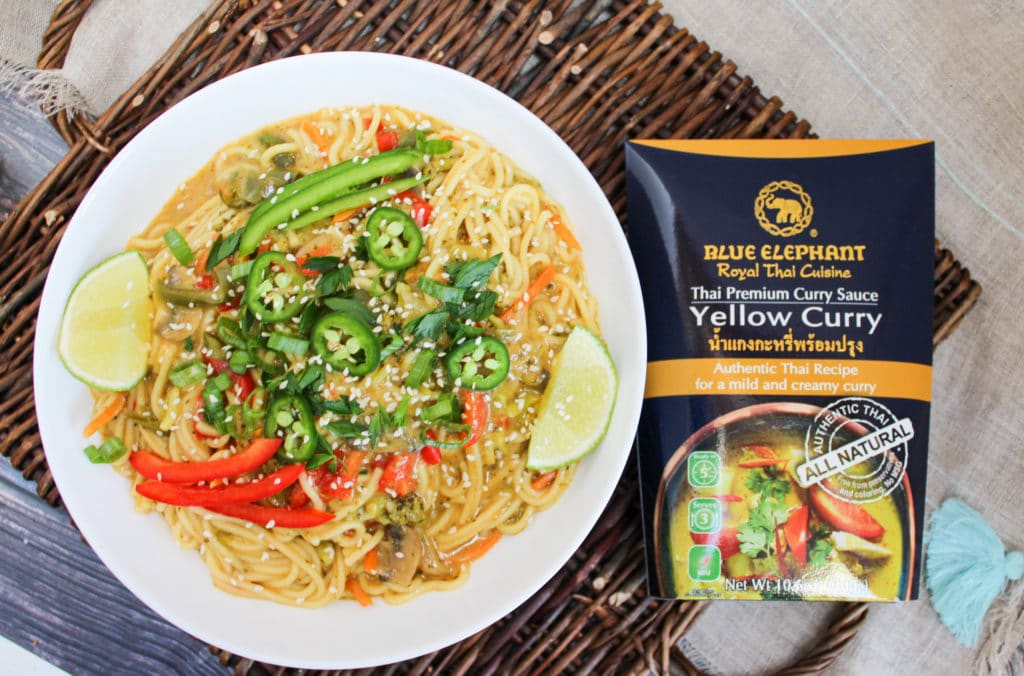 yellow curry noodle bowl in a bowl