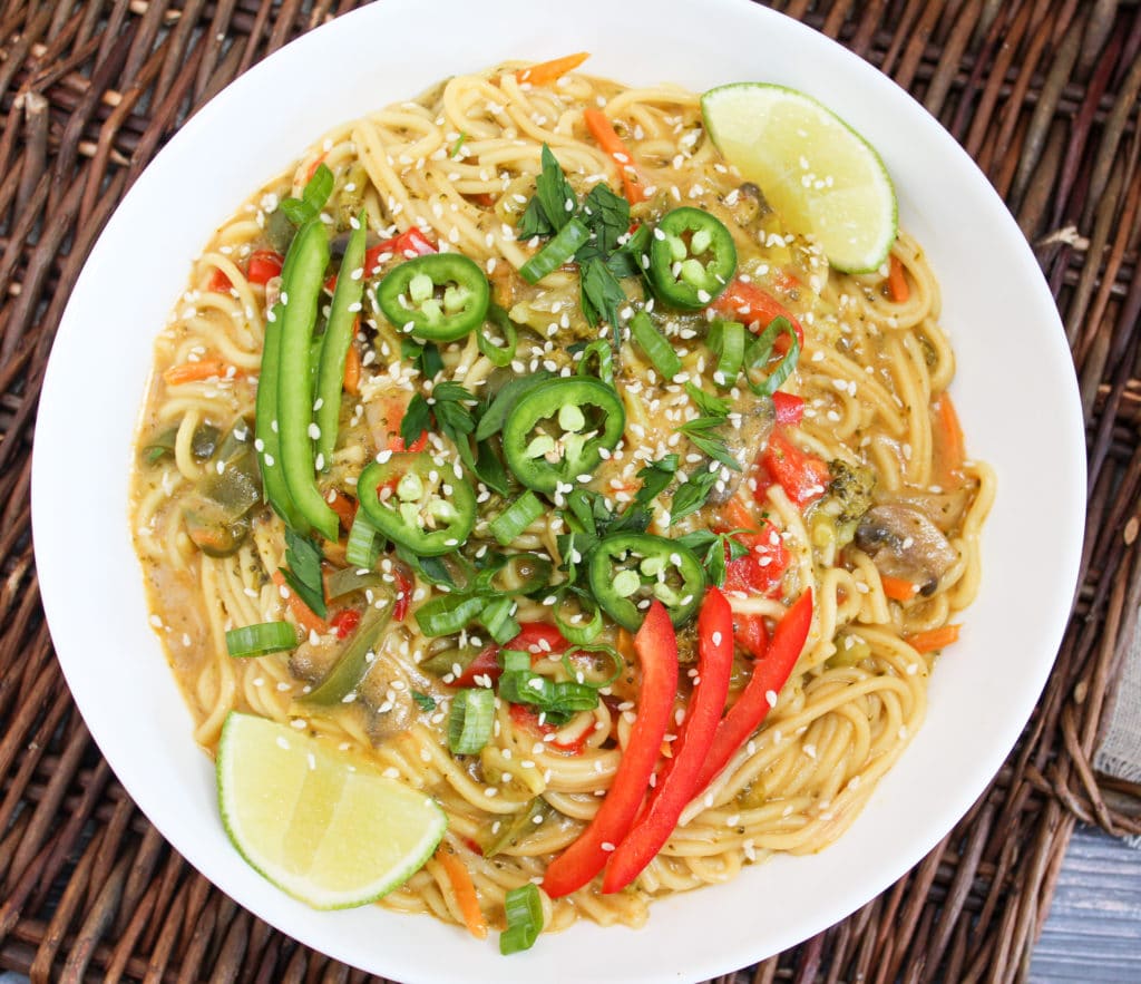 yellow curry noodle bowl in a bowl