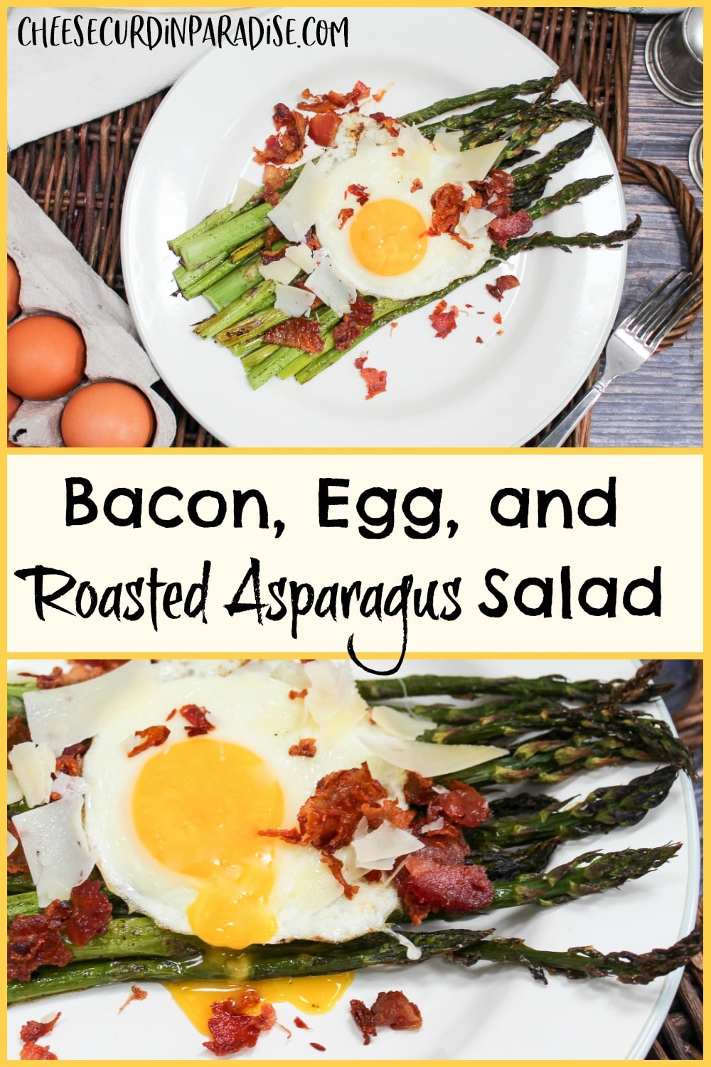 overhead shot of egg and asparagus salad on a plate and a pinterest image