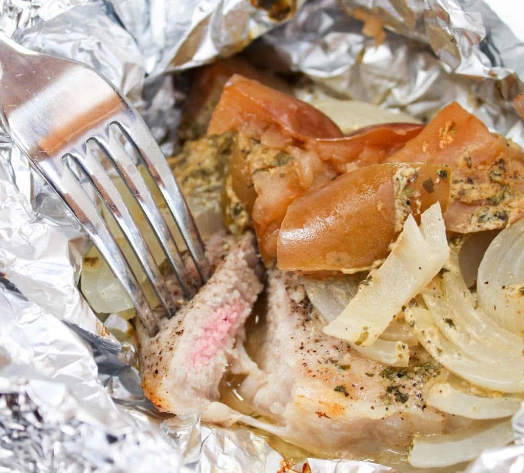 cut pork chop in foil packet