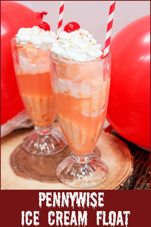 ice cream float in a glass with whipped cream and a cherry pinterest image