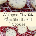 whipped chocolate chip shortbread cookies on a cooling wrack