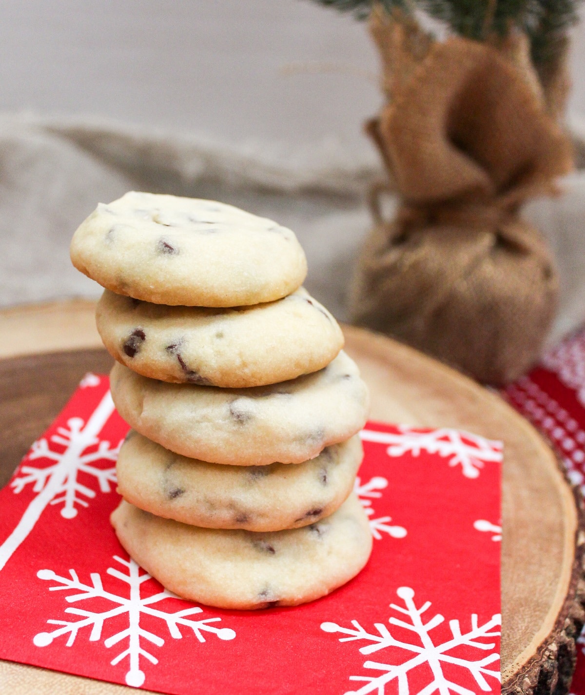 whipped chocolate chip shortbread cookies stacked
