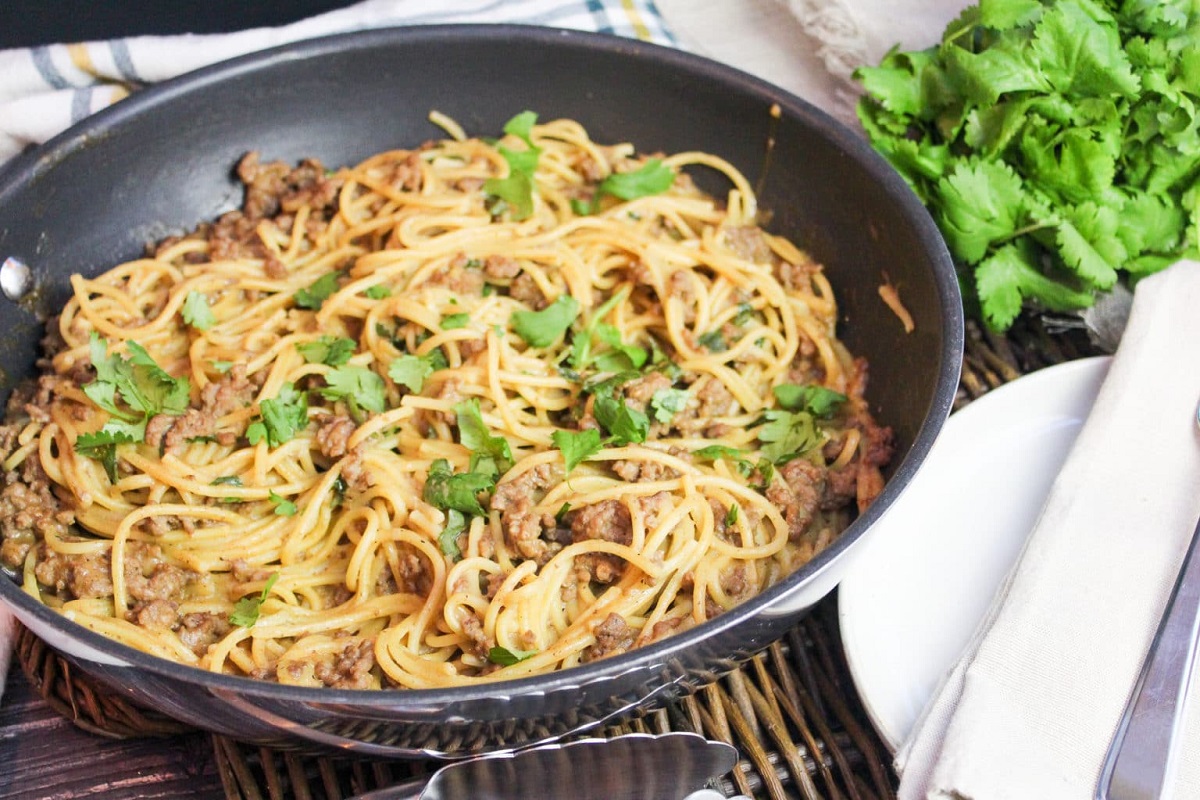 noodles with ground beef in a skillet