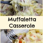 muffaletta casserole scooped from baking dish