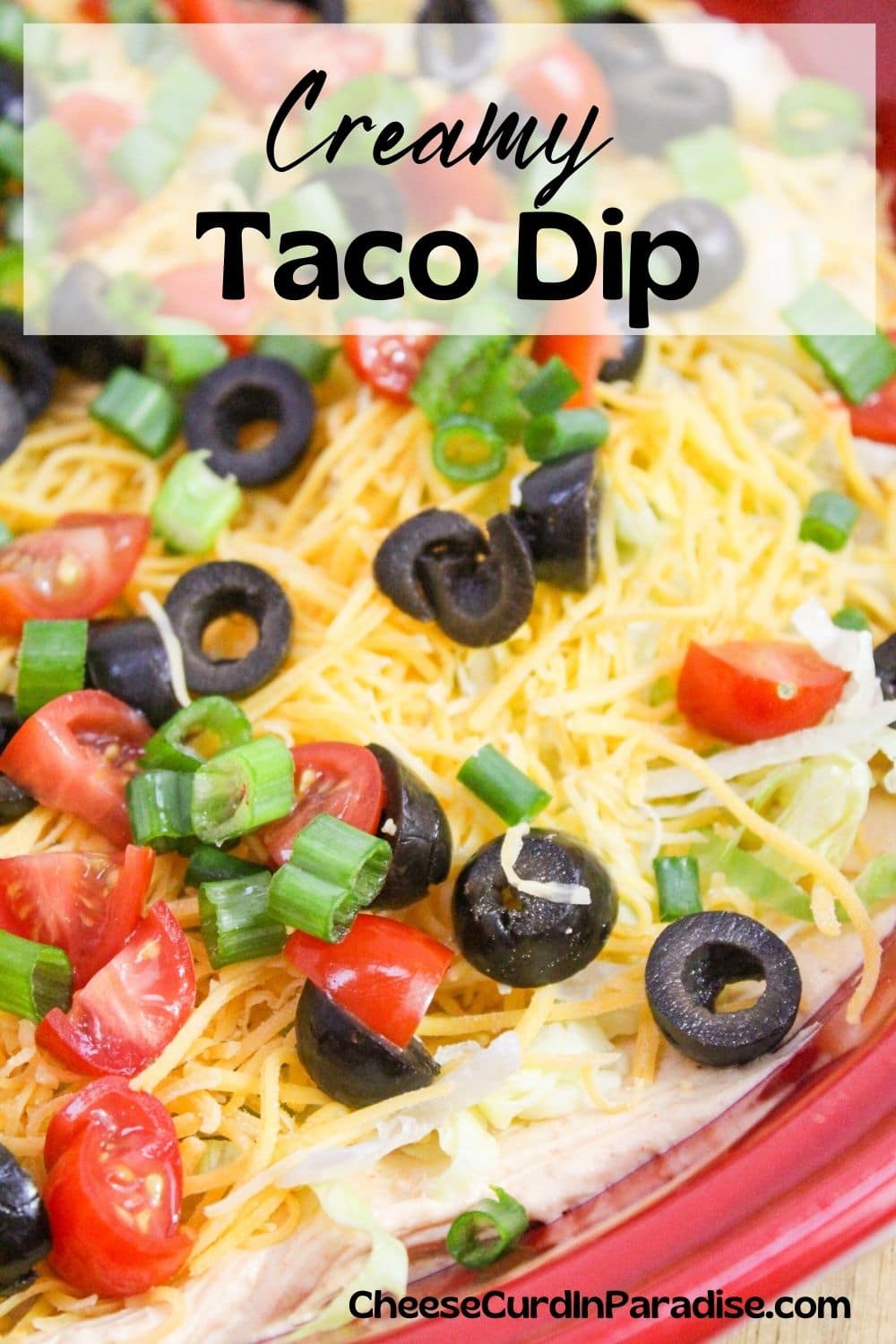 taco dip with topping in a red plate