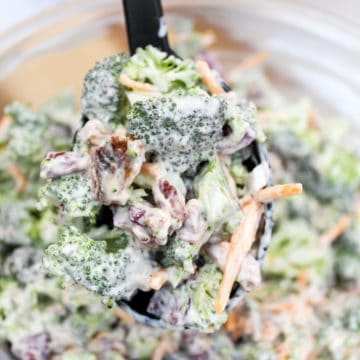 broccoli salad scooped from bowl