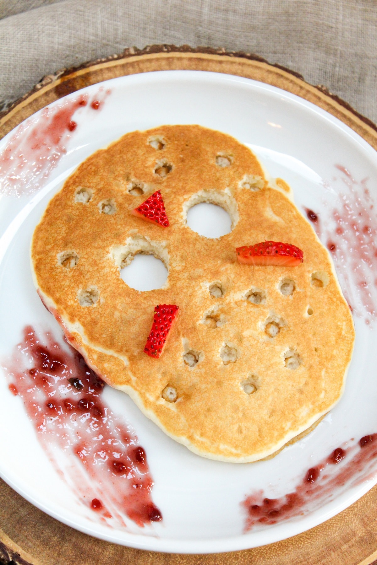 jason vorhees, Friday the 13th, ski mask pancake on a plate with raspberry jam on the plate