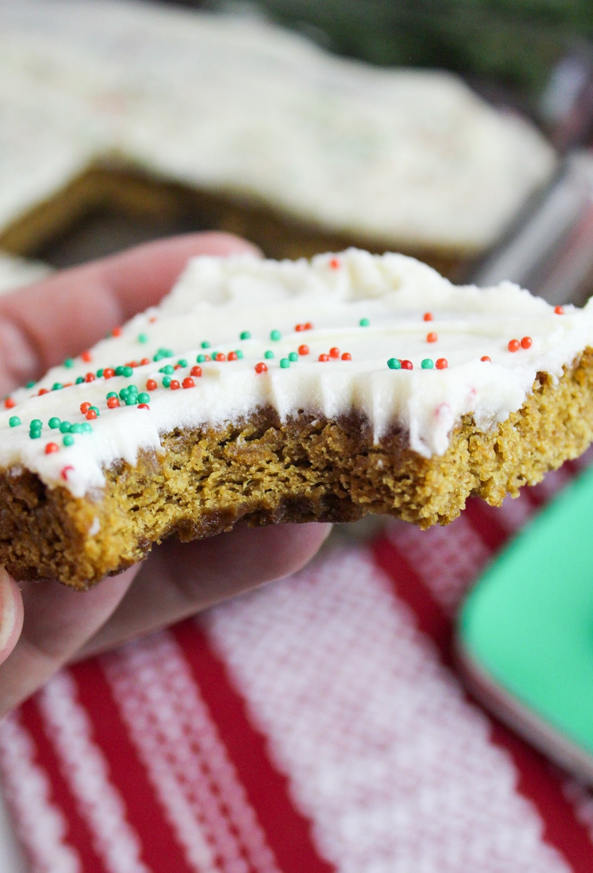 gingerbread cookie bar with a bite taken